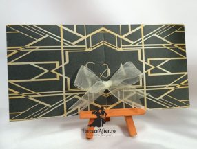 Invitatie de nunta Marele Gatsby gri cu model auriu