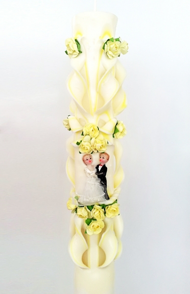 Lumanare galbena nunta 100 cm sculptata la capatul superior