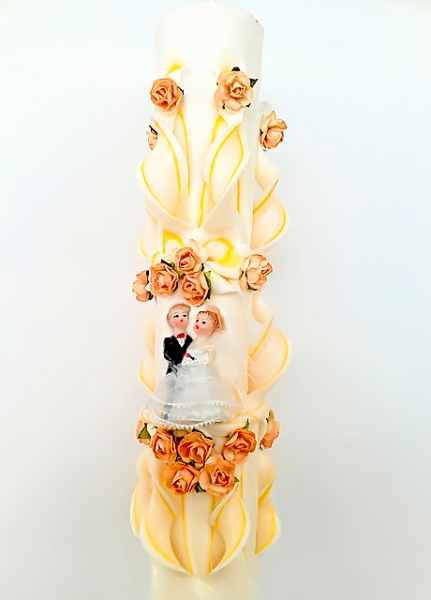 Lumanare portocalie nunta 100 cm sculptata la capatul superior