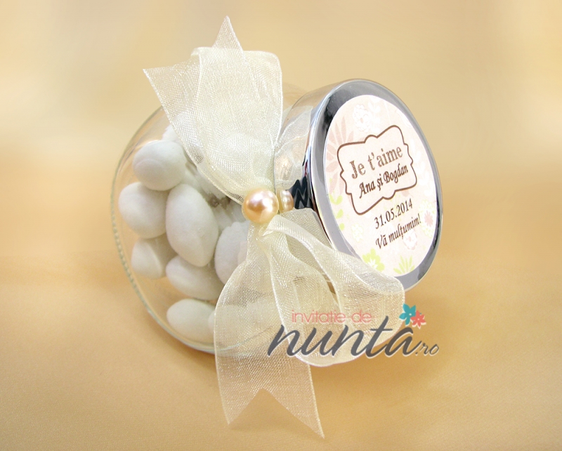 Marturie de nunta borcanas cu funda crem Je t'aime