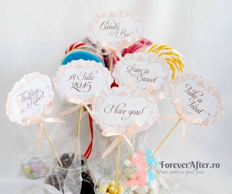 Set 6 etichete candy bar cu model damask si fundita somon